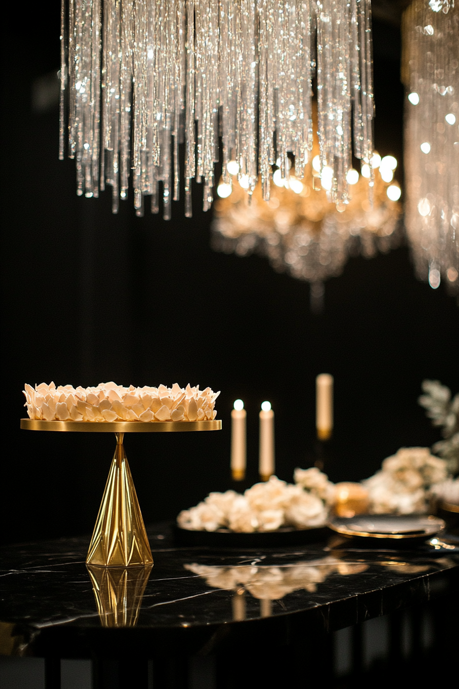 Wedding aesthetic. Gold geometric cake stand against black marble table under crystal chandeliers.