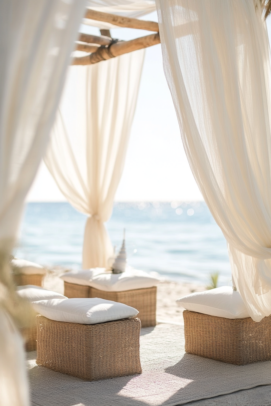 Wedding style. Pearl-white draping, seagrass textures, and shell-color accents overlooking the ocean.