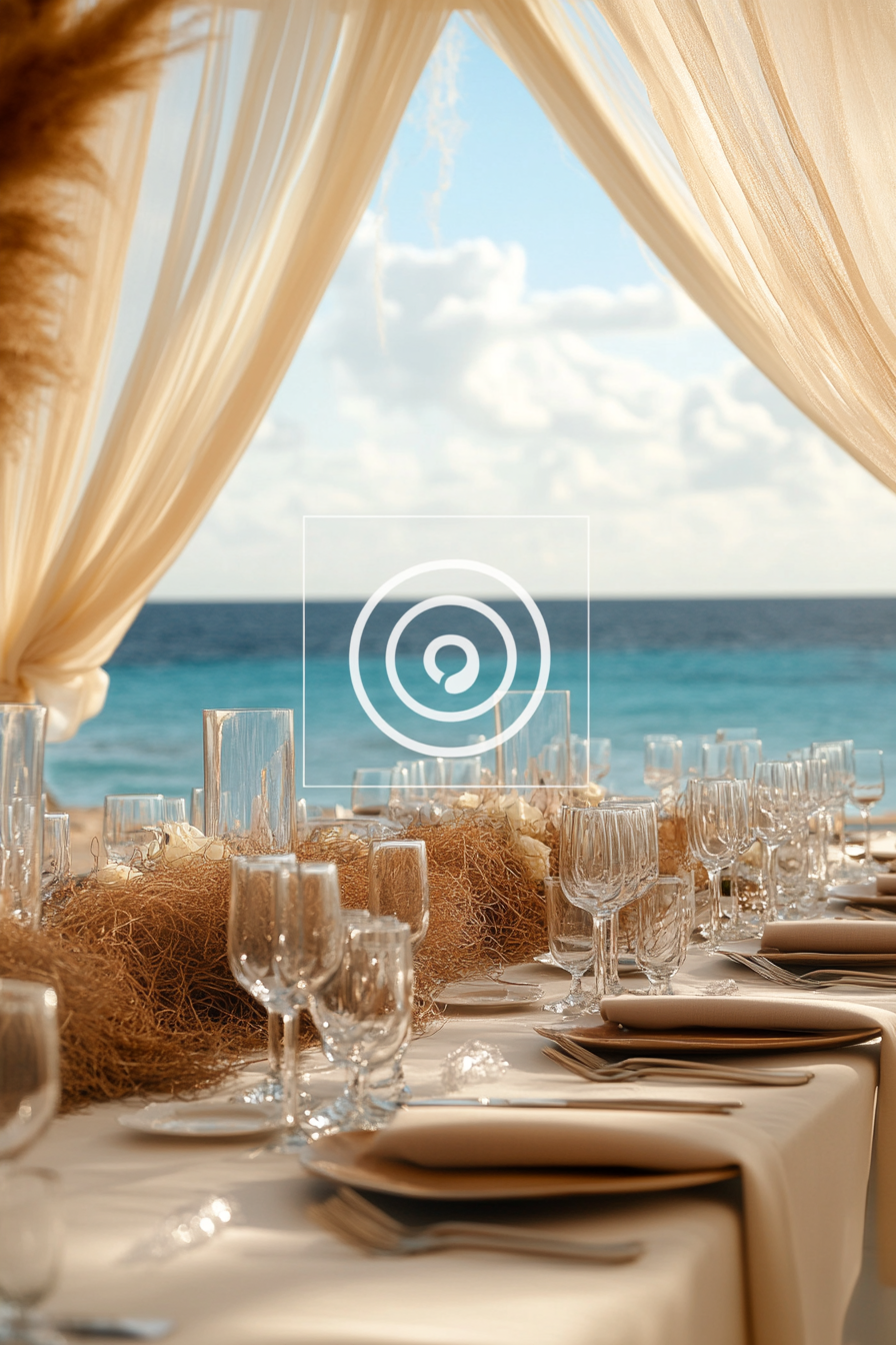 Wedding style. Pearl-white draping backdrop, seagrass centerpieces, shell-toned decorations, overlooking an ocean view.