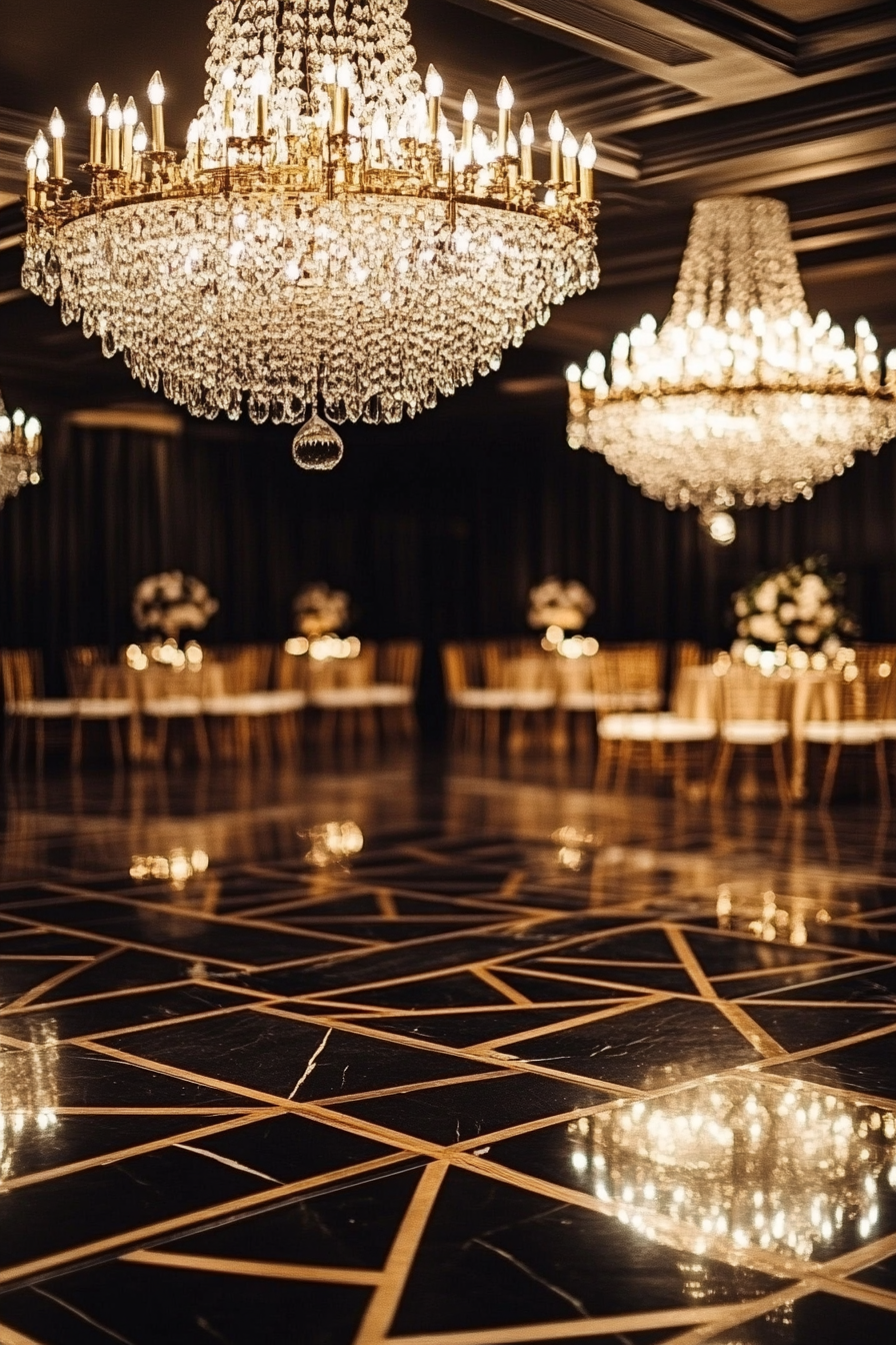 Wedding aesthetic. Gold geometric patterns on a black marble floor beneath crystal chandeliers.