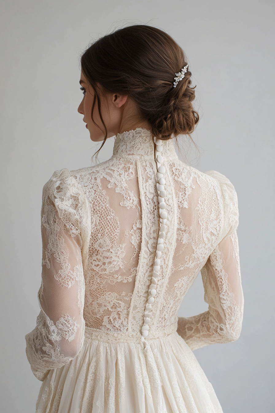 Bridal gown. Cotton lace overlay with vintage-inspired button back and prairie sleeves.