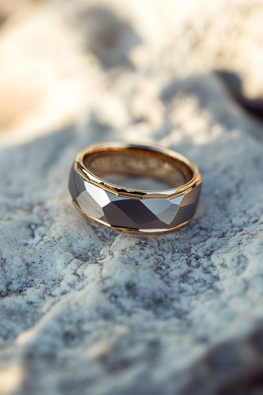 Wedding ring. Mixed metal layers, comfort-fit interior, subtle geometric texture.