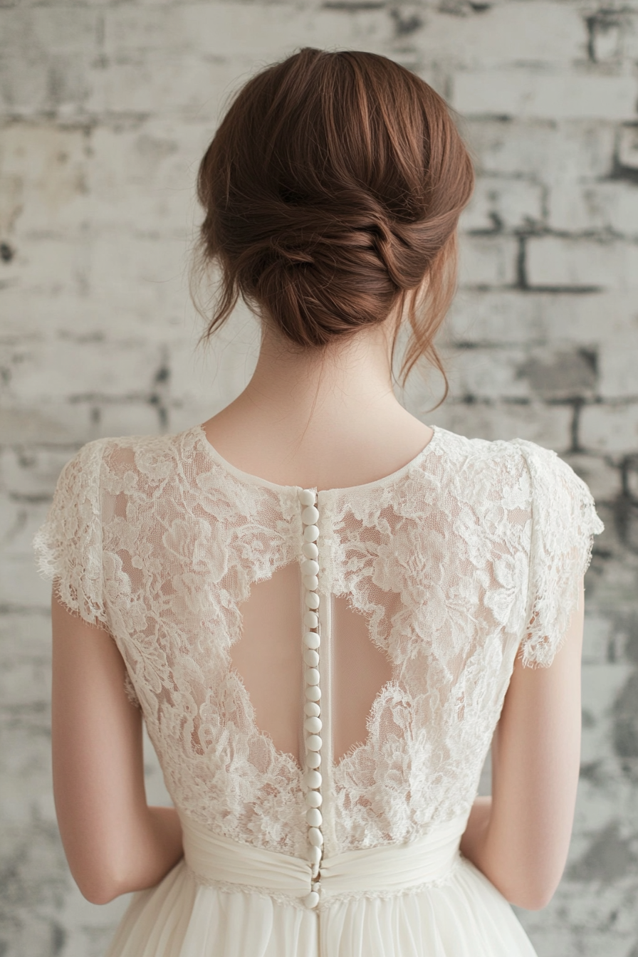 Bridal gown. Cotton lace overlay with vintage-inspired button back.