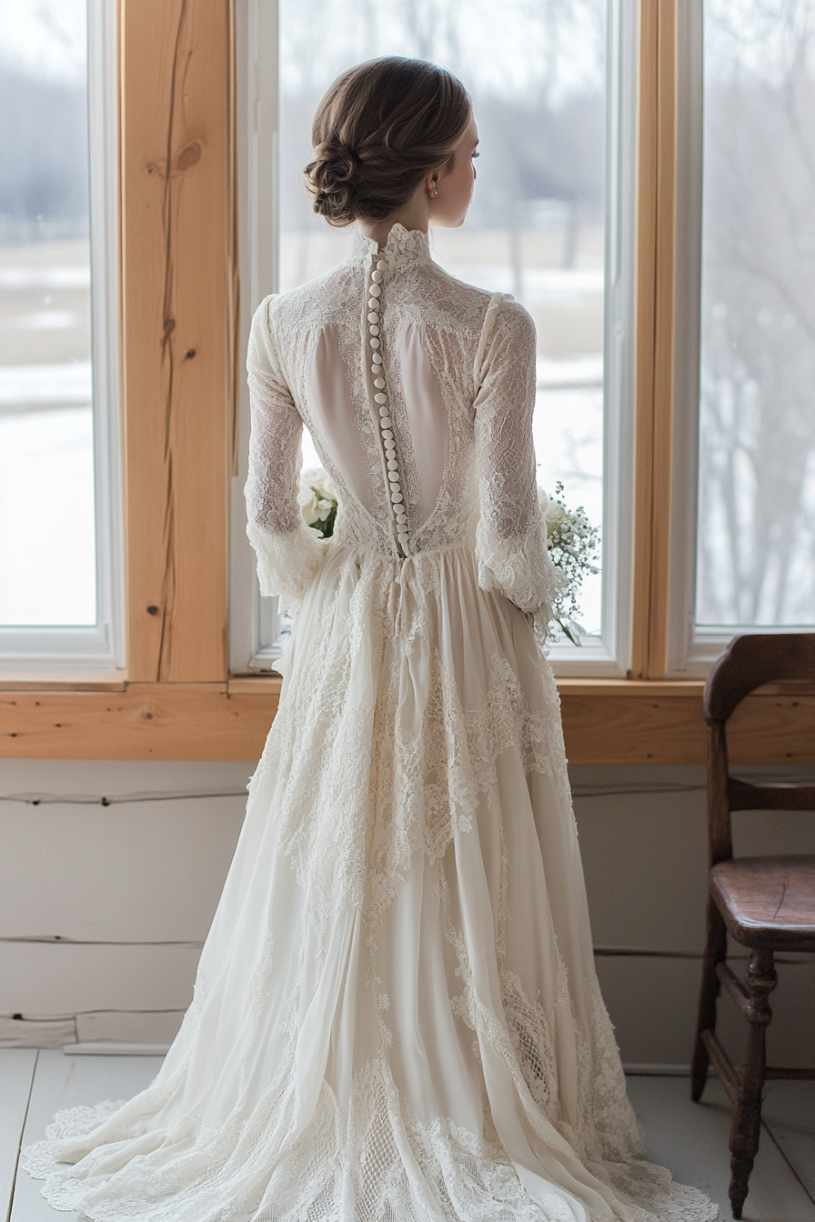 Bridal gown. Ivory cotton lace overlay with prairie sleeves and vintage button back.