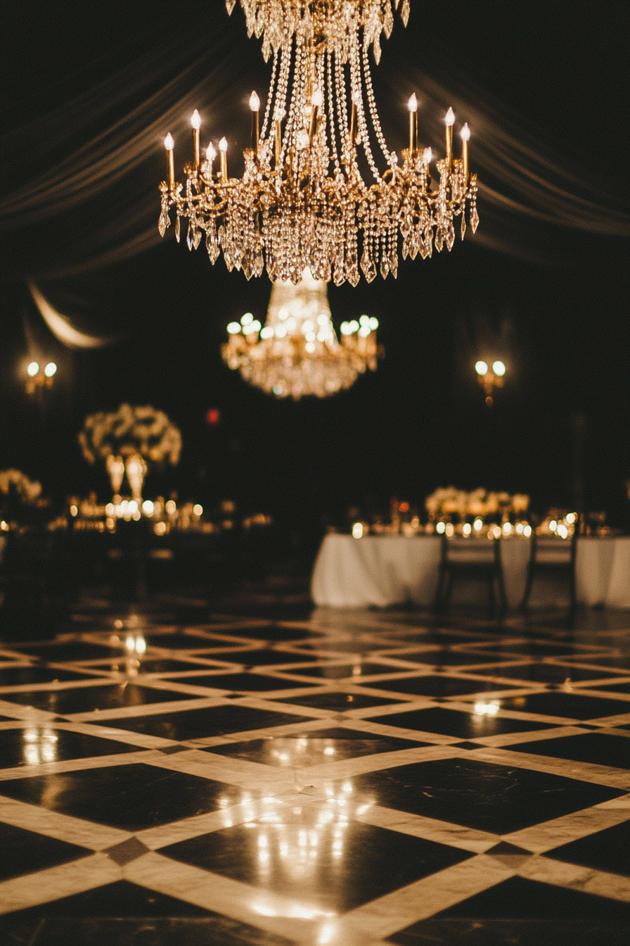 Wedding aesthetic. Gold geometric patterns on black marble floor beneath crystal chandeliers.