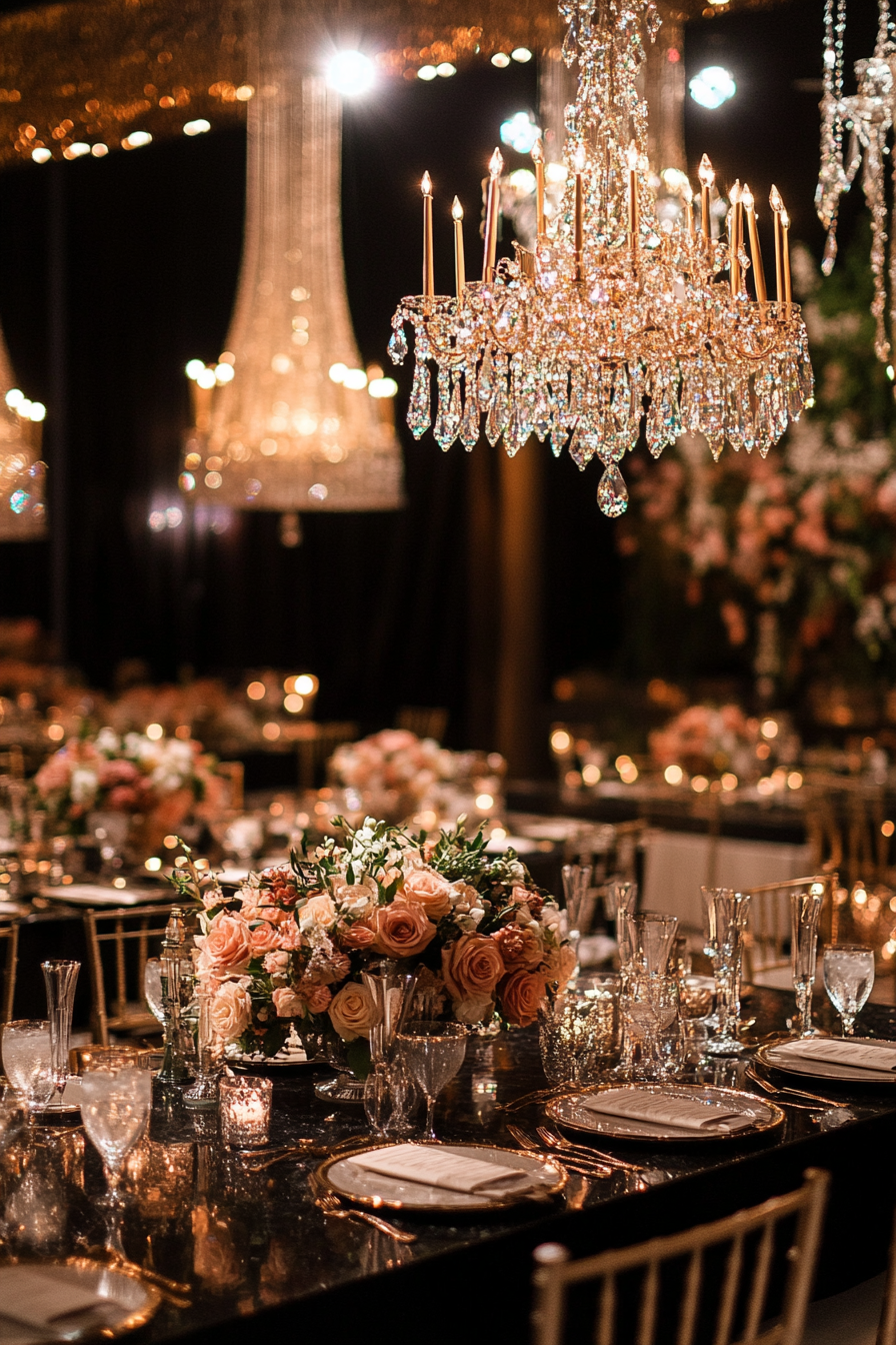 Wedding aesthetic. Gold geometric patterns on black marble tables under crystal chandeliers.