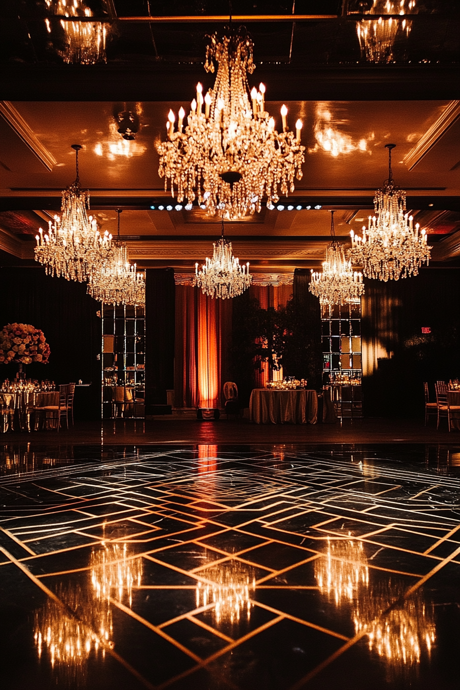 Wedding aesthetic. Gold geometric pattern on black marble dance floor under crystal chandeliers.