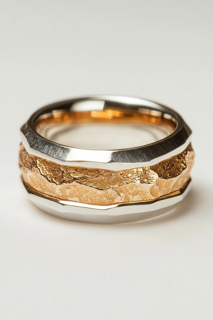 Wedding ring. Gold and silver layers, comfort-fit interior, and subtle hexagonal texture.