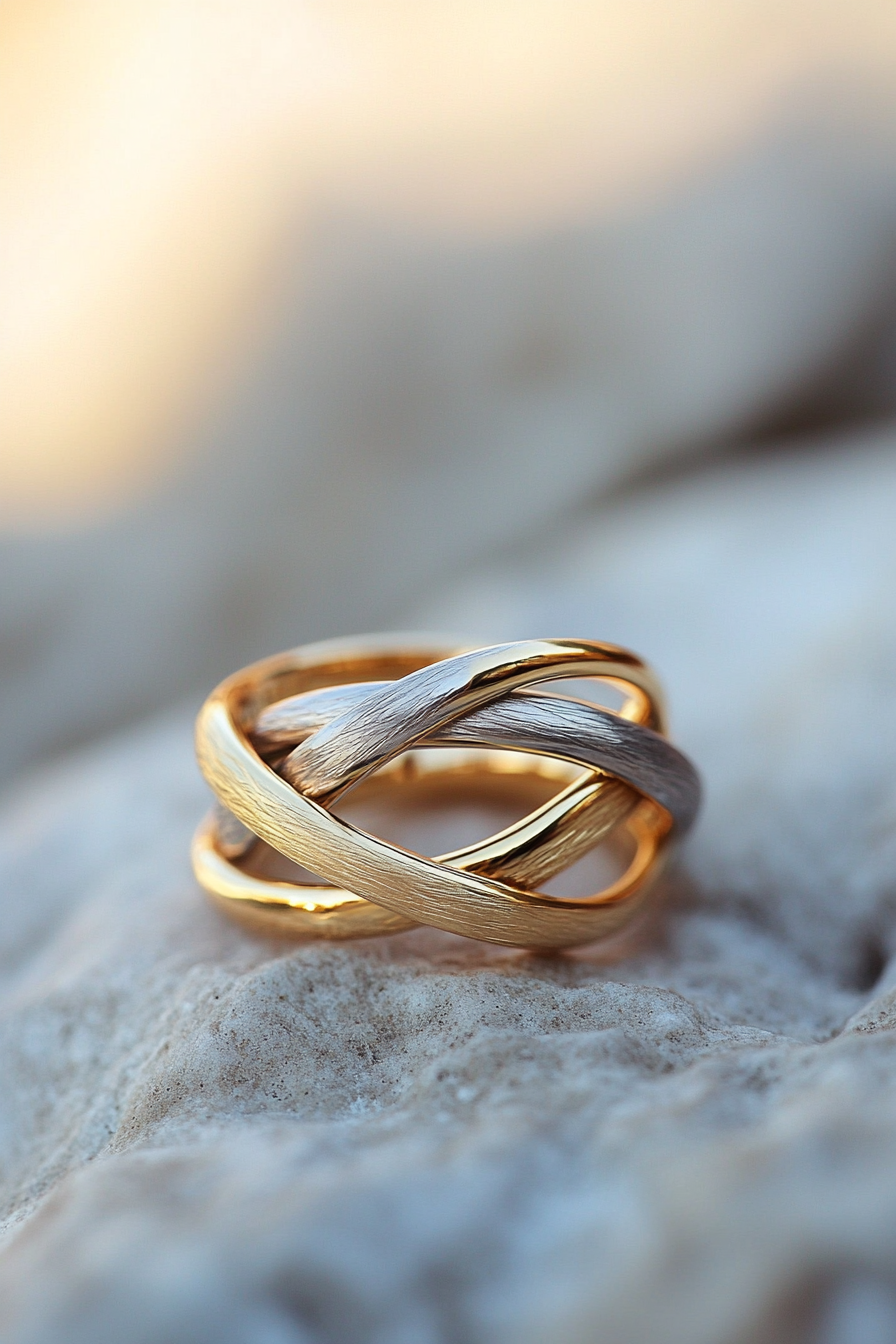 Wedding ring. Tri-colour intertwined bands with a rounded interior and delicate crisscross engraving.