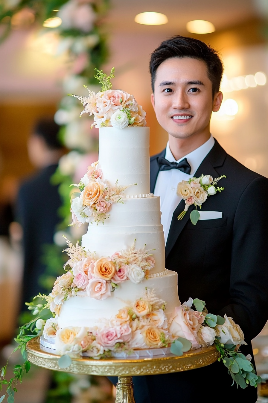 Oversized wedding cake. Asymmetrical tiers towering to match couple's height.