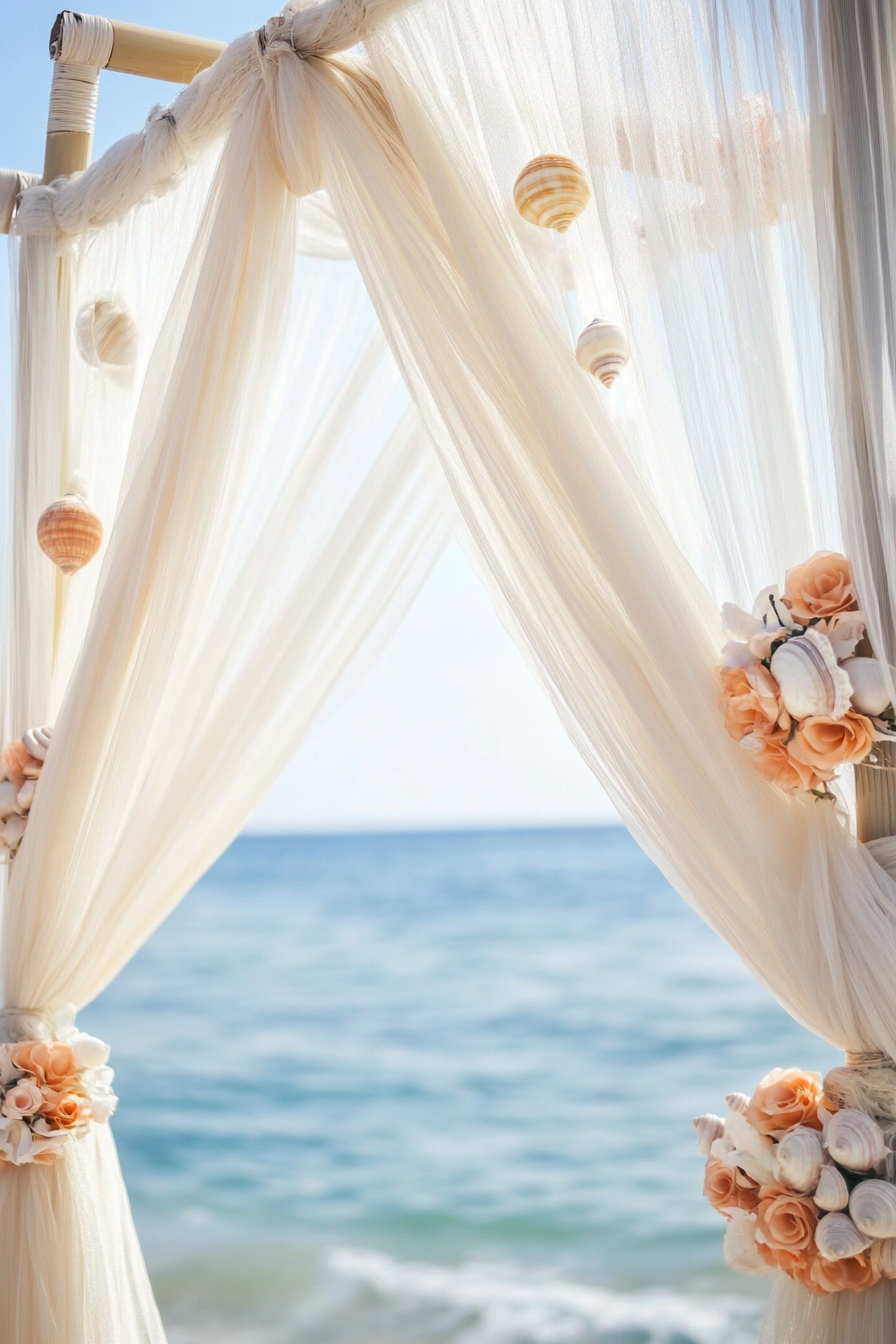 Wedding style. Pearl-white drapes, seagrass accents, shell colors, ocean backdrop.