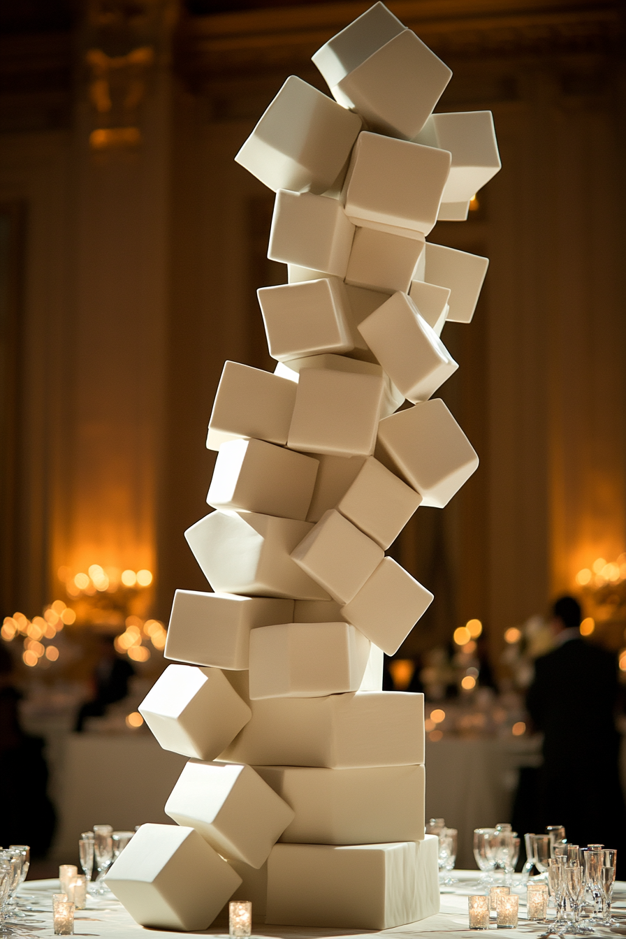 Oversized wedding cake. Tiered, asymmetrical tilted cubes design, tall enough to match a couple's height.