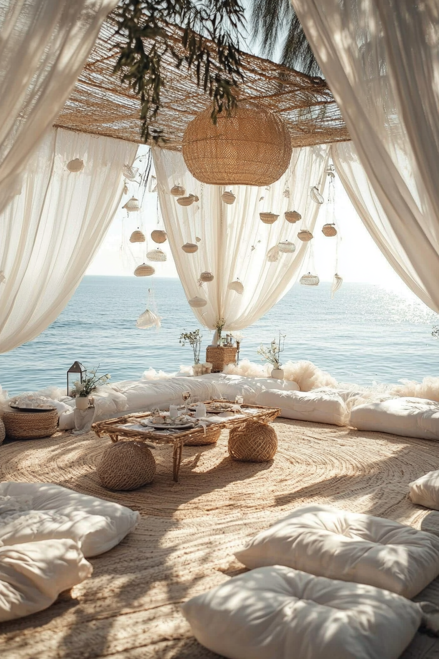 Wedding style. Pearl-white curtains, seagrass accents, shell-colored elements, ocean backdrop.