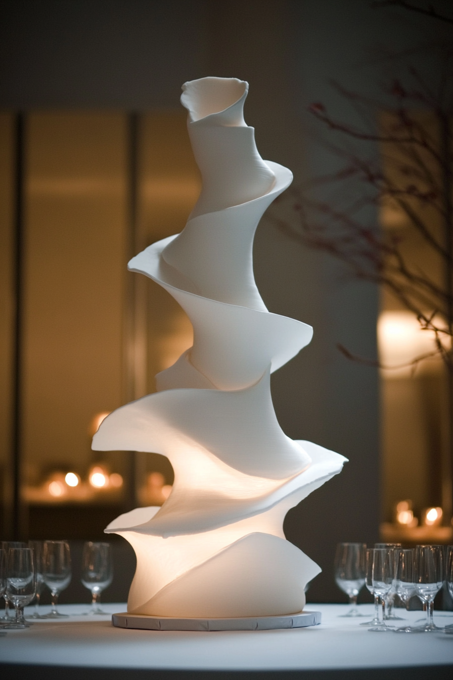 Wedding cake. Oversized, tiered, asymmetrical shapes, as tall as couple's height.