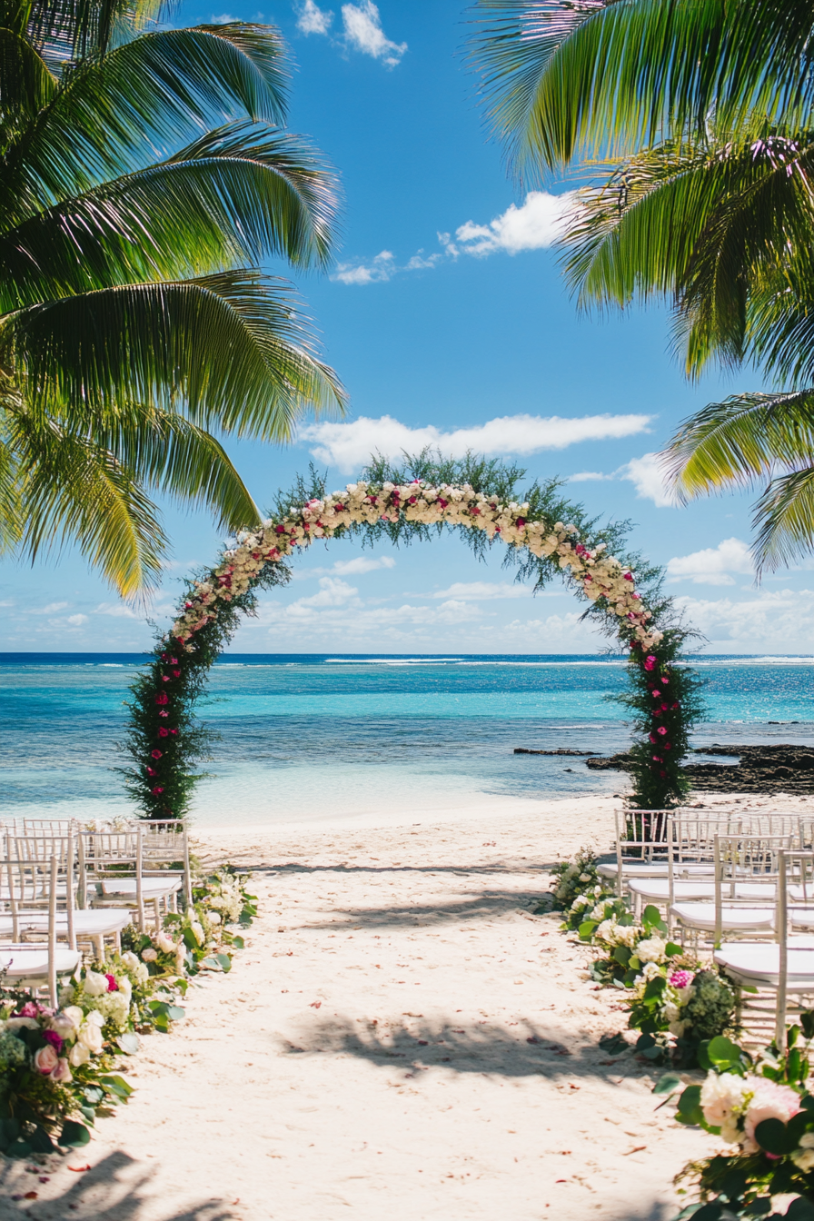 Wedding venue. Private island with crystal clear sand beaches and coconut tree archways.