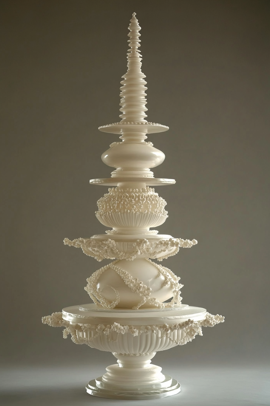 Wedding cake. Height-matching shape-shifted pearl-white oversized tiered cake.