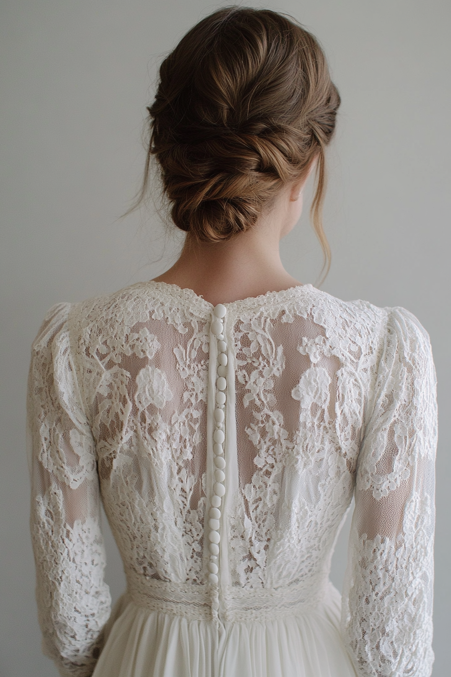 Bridal gown. Cotton lace overlay, prairie sleeve and vintage-inspired button back.