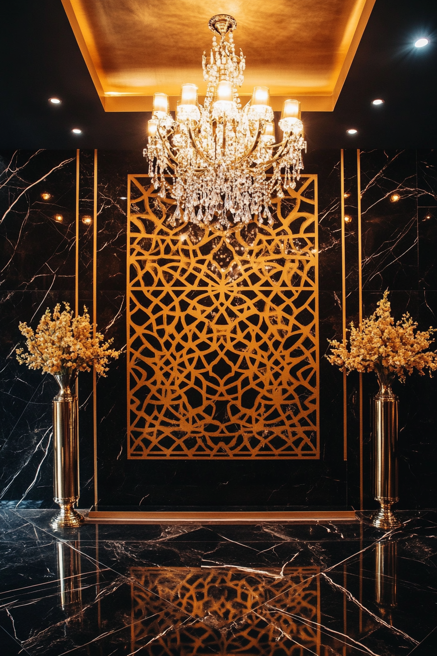 Wedding aesthetic. Gold geometric patterns on black marble with crystal chandelier under stepped ceiling.