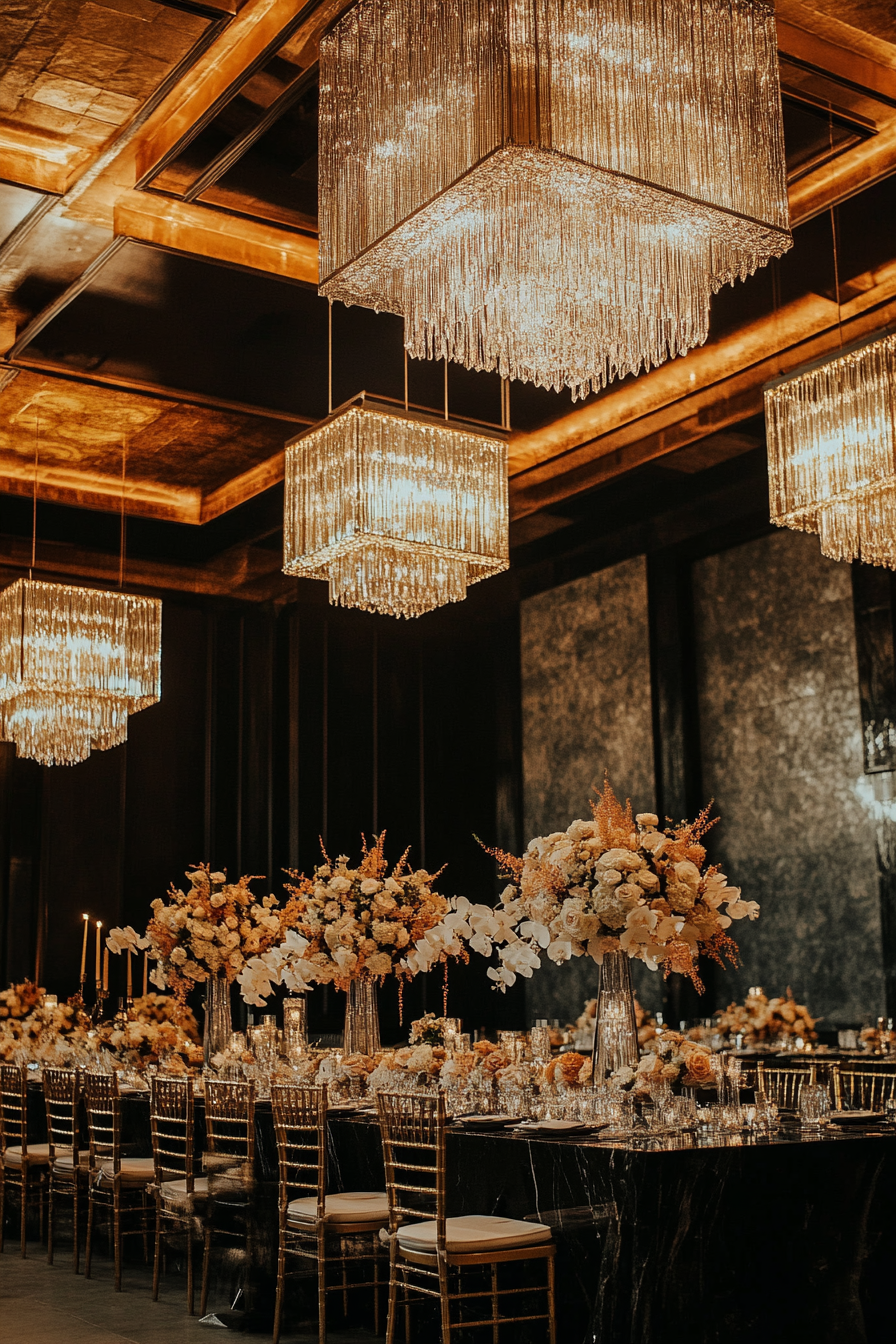 Wedding aesthetic. Gold geometric patterns, black marble décor, beneath crystal chandeliers in stepped ceiling architecture.