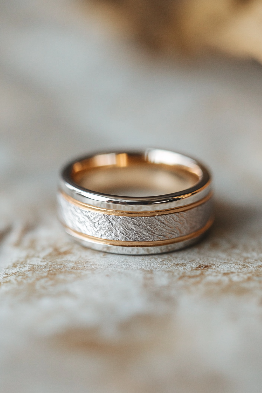 Wedding ring. Mixed-metal layers, subtle geometric texture, comfort-fit interior.