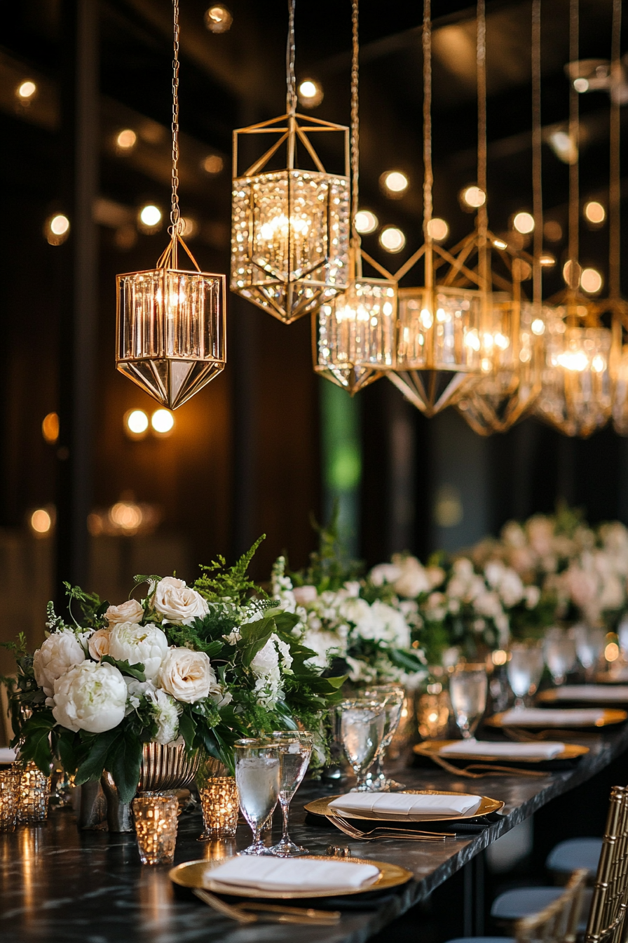 Wedding aesthetic. Gold geometric centerpieces on black marble tables under crystal chandeliers.