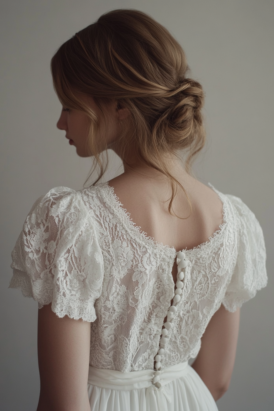 Bridal gown. Cotton lace overlay with button back and prairie sleeves.