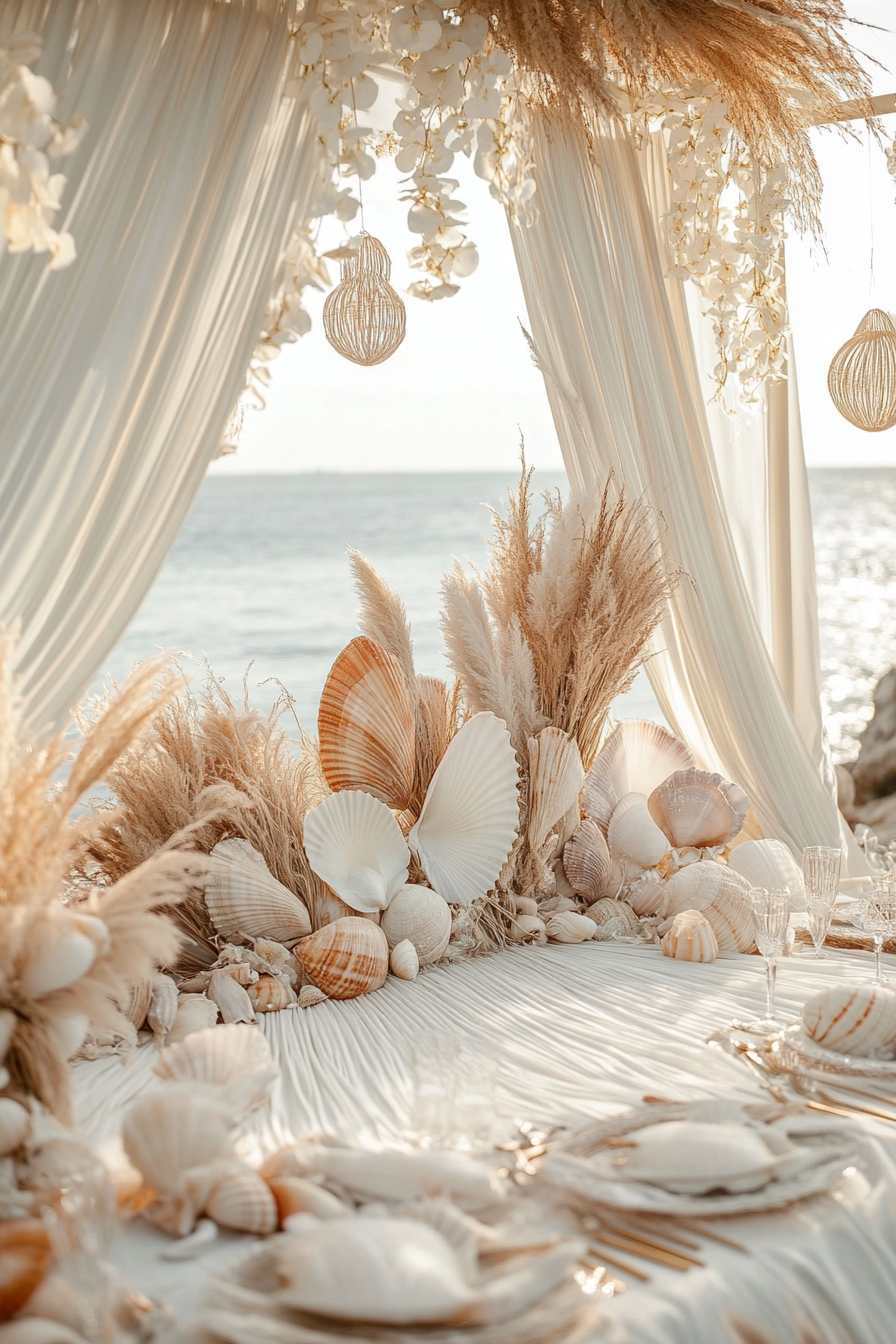 Wedding style. Pearl-white draped decor with seagrass textures, shell color palette, ocean backdrop.