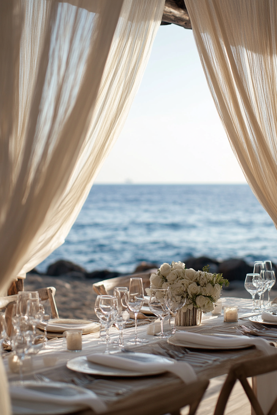 Wedding style. Pearl-white drapes with seagrass textures overlooking the seashell-hued ocean.