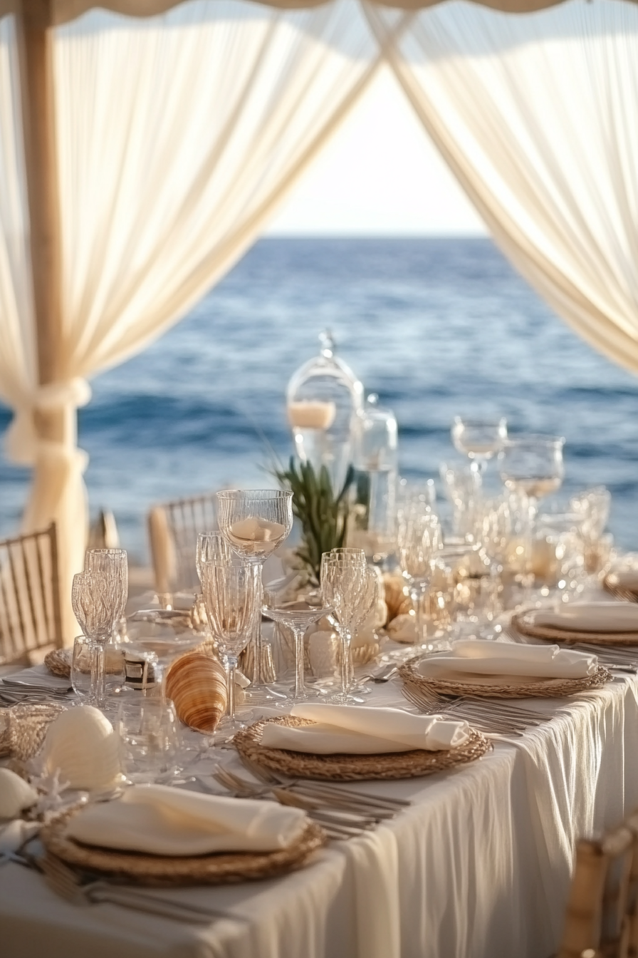 Wedding style. Pearl-white draping, seagrass textures, and shell-colored decorations with ocean backdrop.