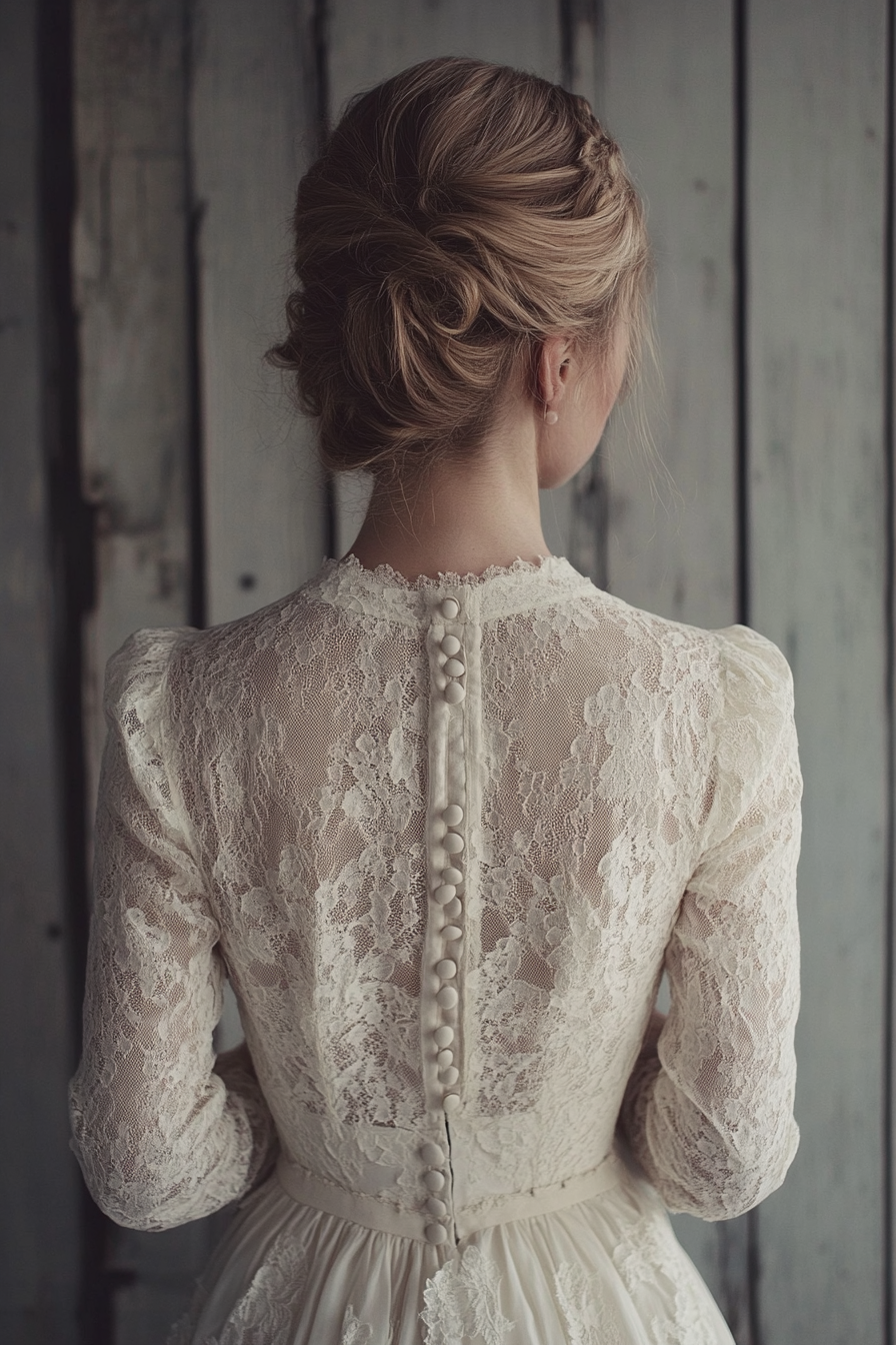 Bridal gown. Cotton lace overlay, prairie sleeves, vintage-inspired button back.