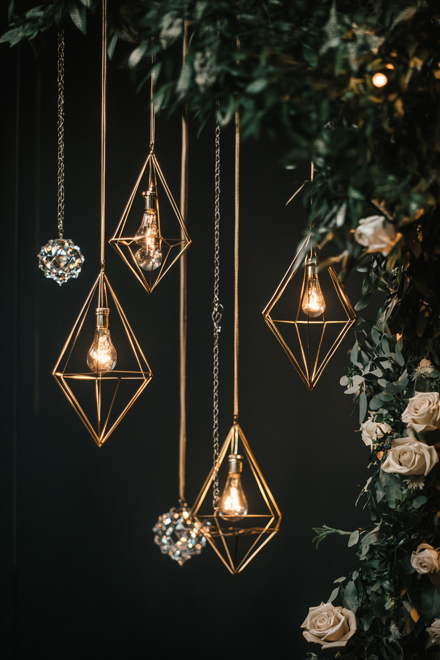 Wedding aesthetic. Gold geometric patterns on black marble with hanging crystal chandeliers.