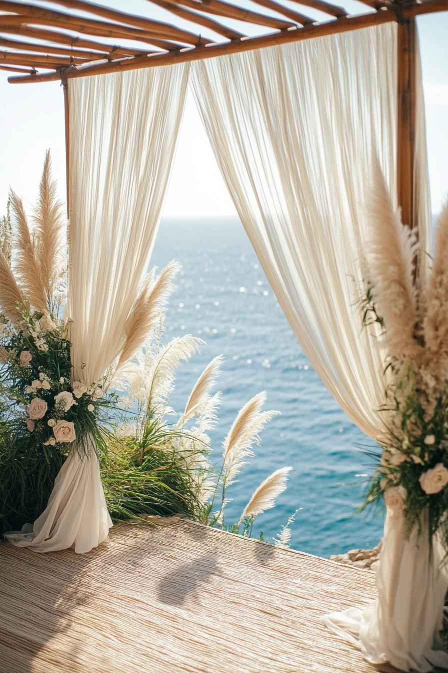 Wedding style. Pearl-white draping, seagrass textures, and shell-inspired color palette with ocean views.