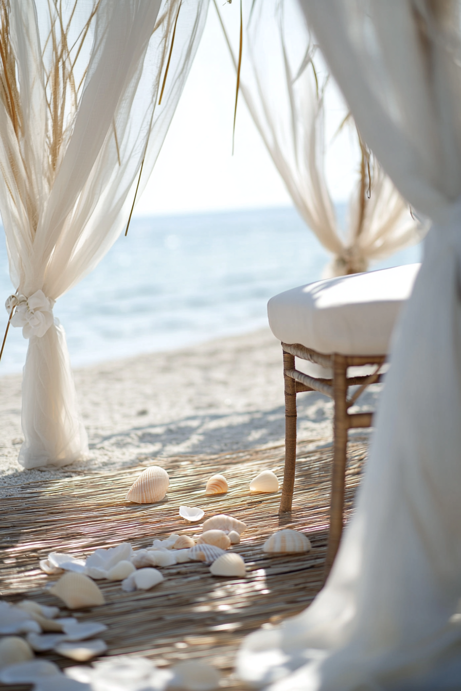 Wedding style. Pearl-white drapery, seagrass textures and scattered shells with ocean view background.