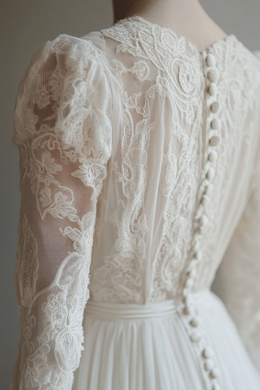 Bridal gown. Cotton lace overlay with vintage button back and prairie sleeves.