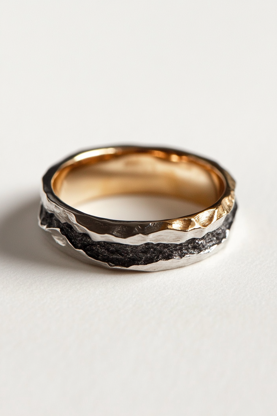 Wedding ring design. Mixed metal layers, geometric texture, comfort-fit interior.