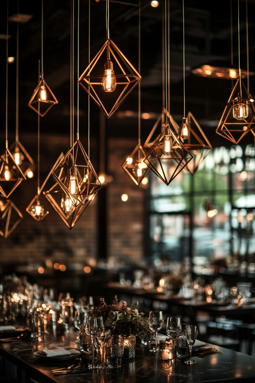 Wedding aesthetic. Gold geometric centerpieces on black marble tables with surrounded crystal chandeliers.