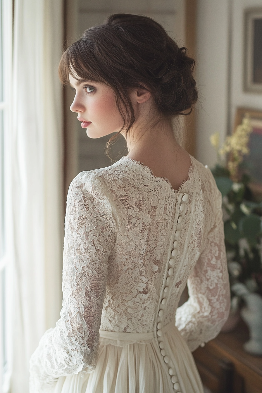 Bridal gown. Cotton lace overlay with prairie sleeves and vintage button back.