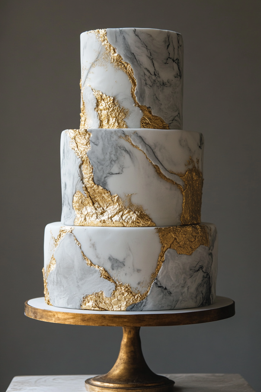 Wedding cake. Three-tiered marble, gold-dusted layers towering asymmetrically.