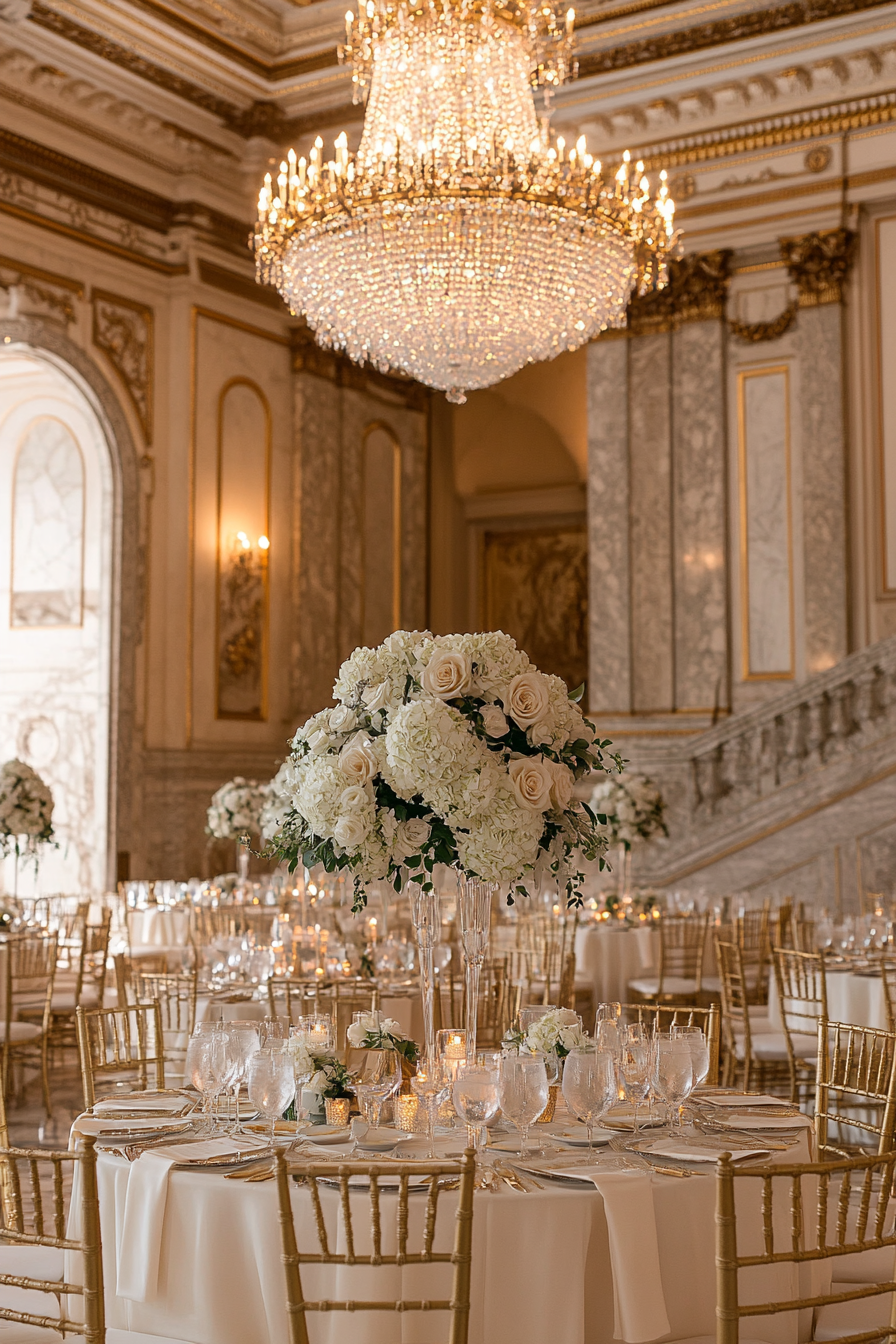 Wedding aesthetic. Gold geometric centerpieces, marble-panelled walls, crystal chandelier on stepped ceiling.