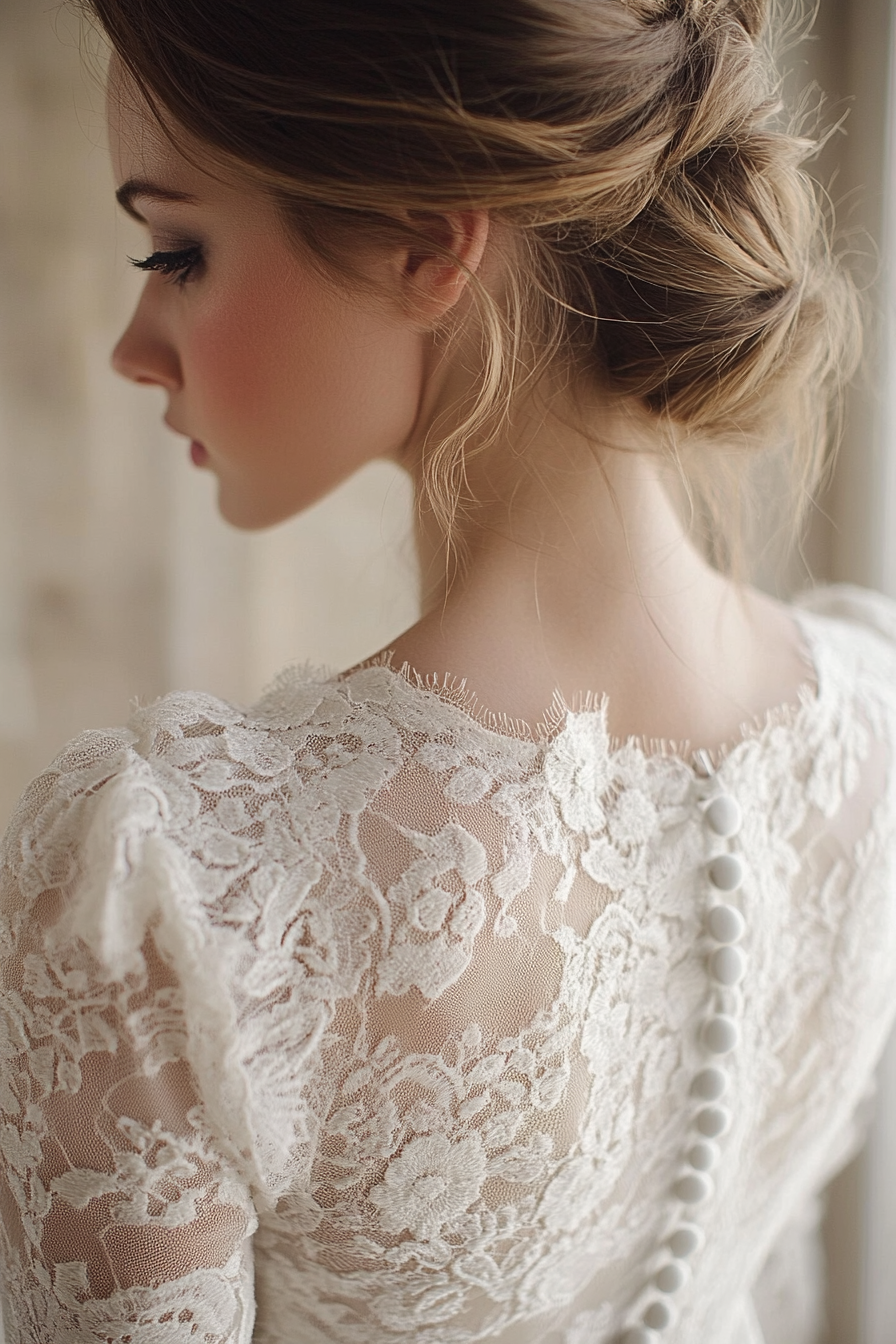 Bridal gown. Cotton lace overlay with vintage button back and prairie sleeves.