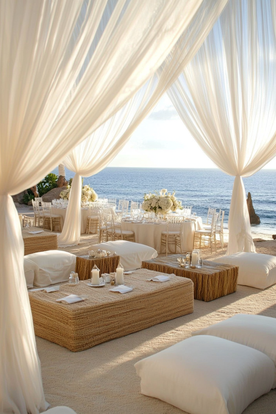 Wedding style. Pearl-white draped tent, seagrass texture cushions, shell-colored tablecloth, ocean view backdrop.