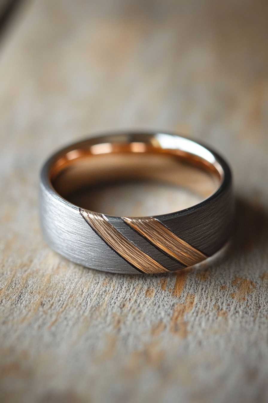 Wedding ring. Mixed metal layers, comfort-fit interior, and subtle geometric texture details.