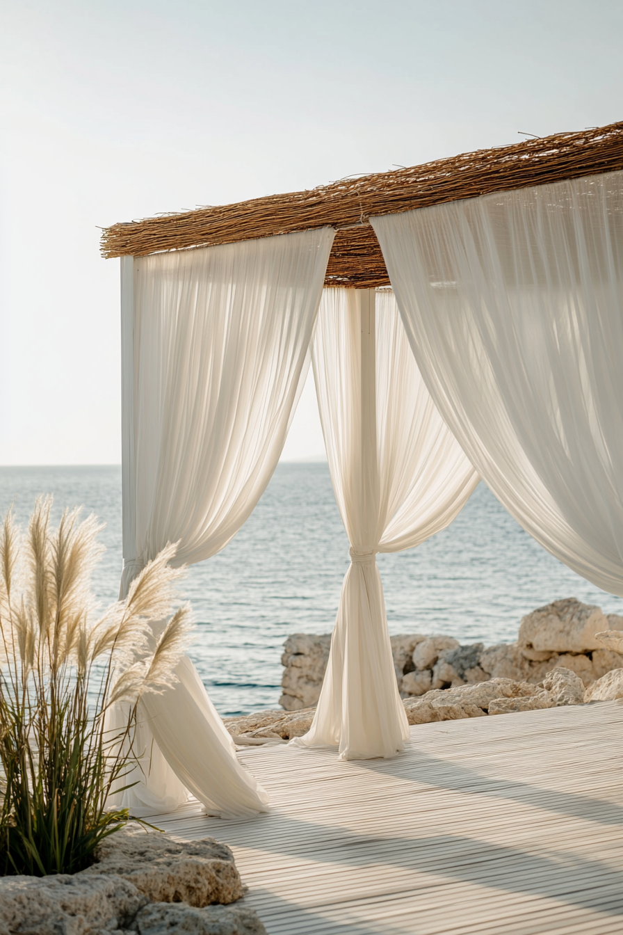 Wedding style. Pearl-white draping, seagrass textures, shell hues, overlooking the ocean.