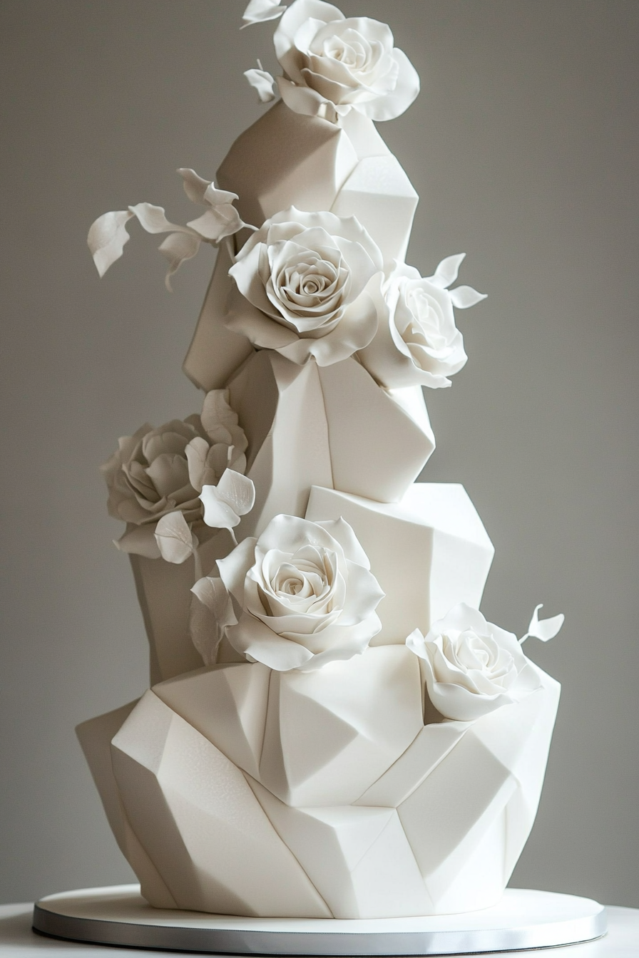 Oversized tiered wedding cake. Uneven geometric shapes accented with white sugar roses.