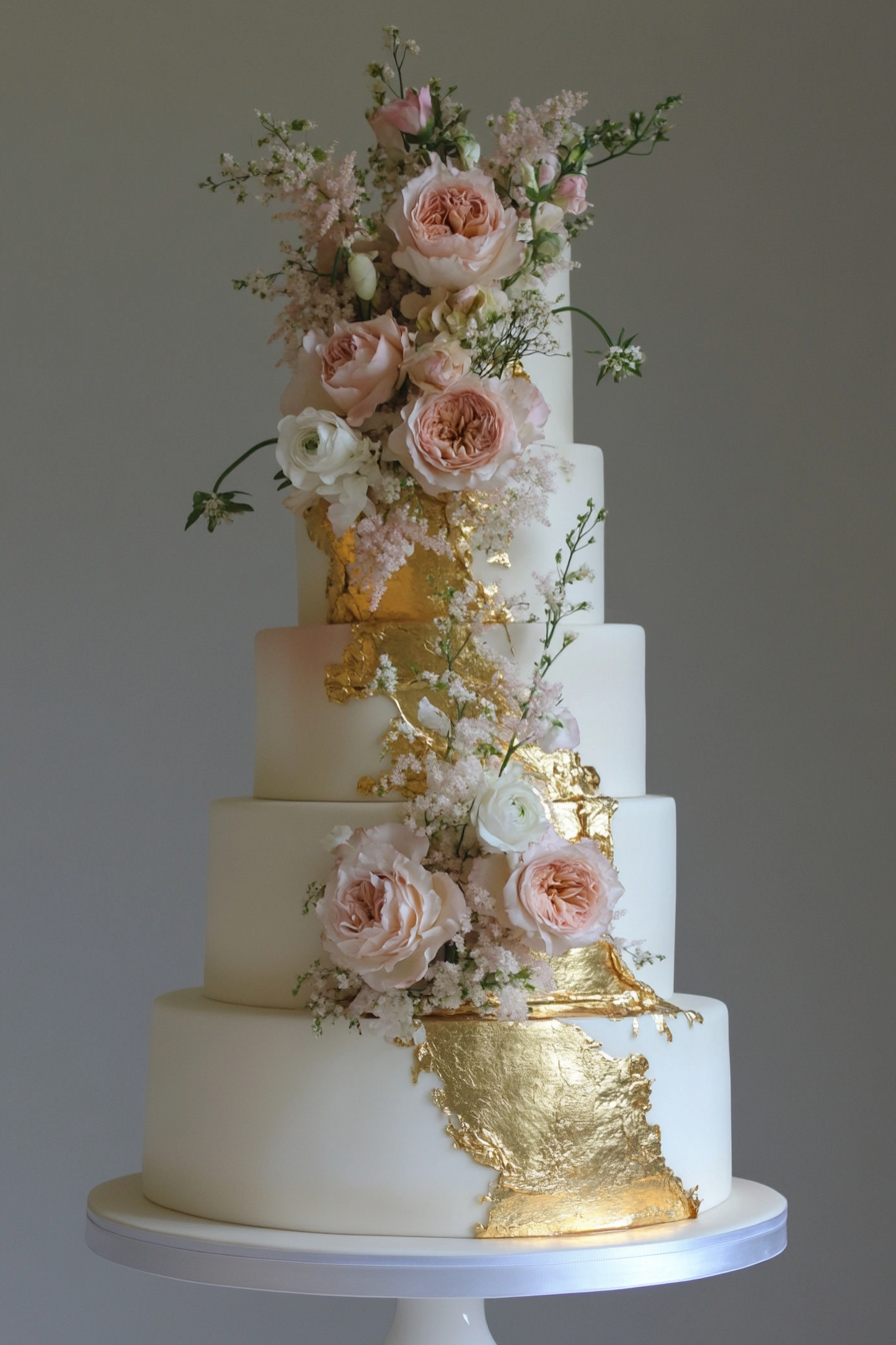 Wedding cake. Asymmetrically shaped ivory tiers, adorned with edible gold leaf and fresh blooms.