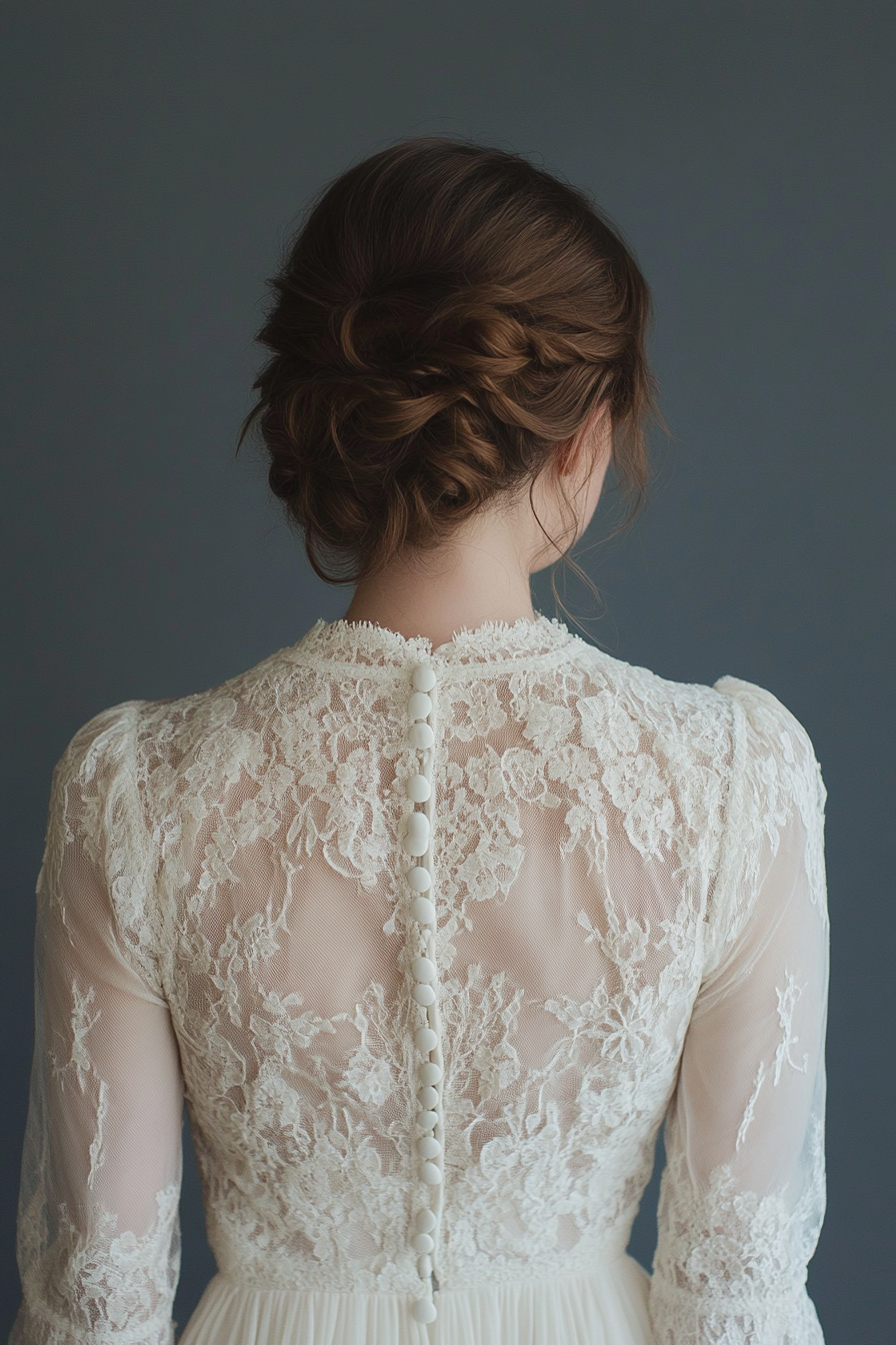 Bridal gown. Cotton lace overlay with prairie sleeves and vintage buttons at back.