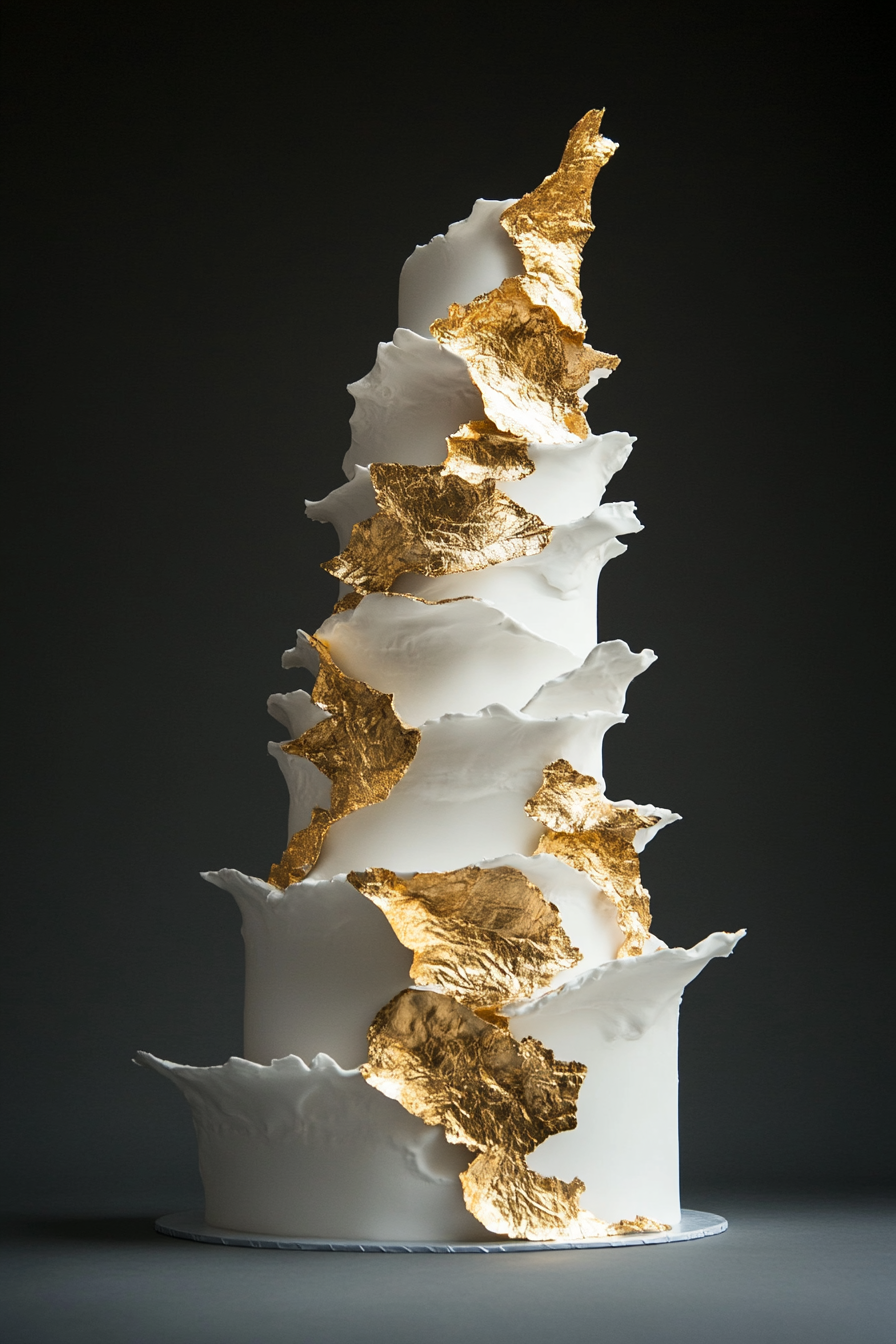 Wedding cake. Tiered white fondant with asymmetrical gold leaf detailing, towering 6-ft tall.