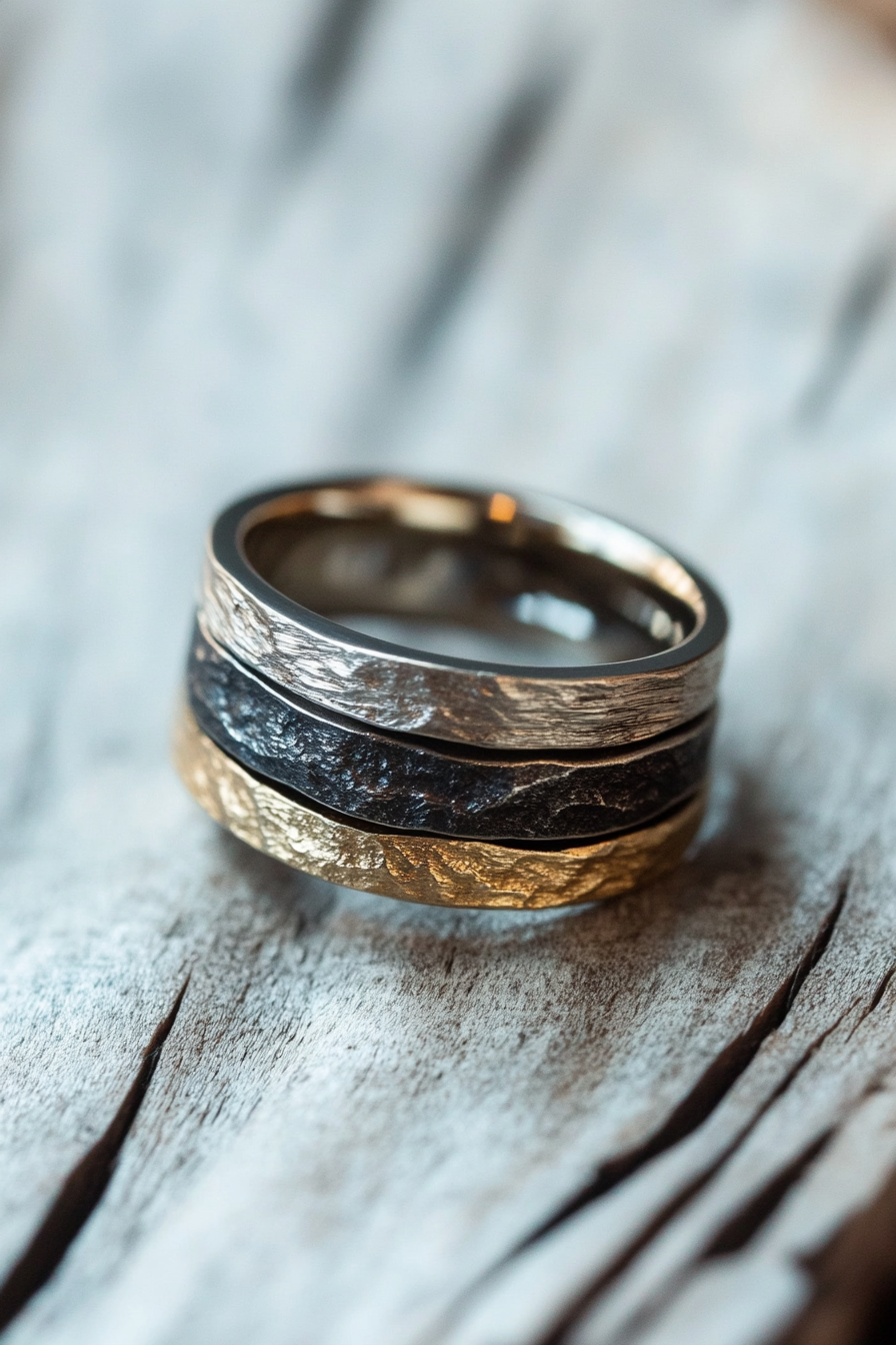 Wedding ring. Mixed metal layers, comfort-fit interior, subtle geometric texture details.