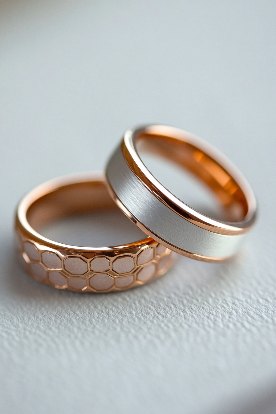 Wedding ring. Rose gold layer, platinum layer, comfort-fit interior, subtle hexagonal texture.