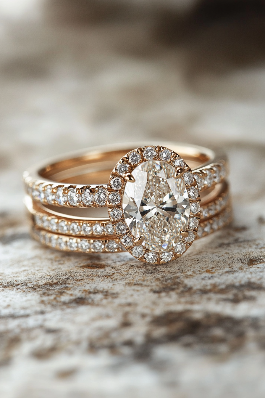 Bridal set. Oval center stone with floating diamond bands and interchangeable stacking system.